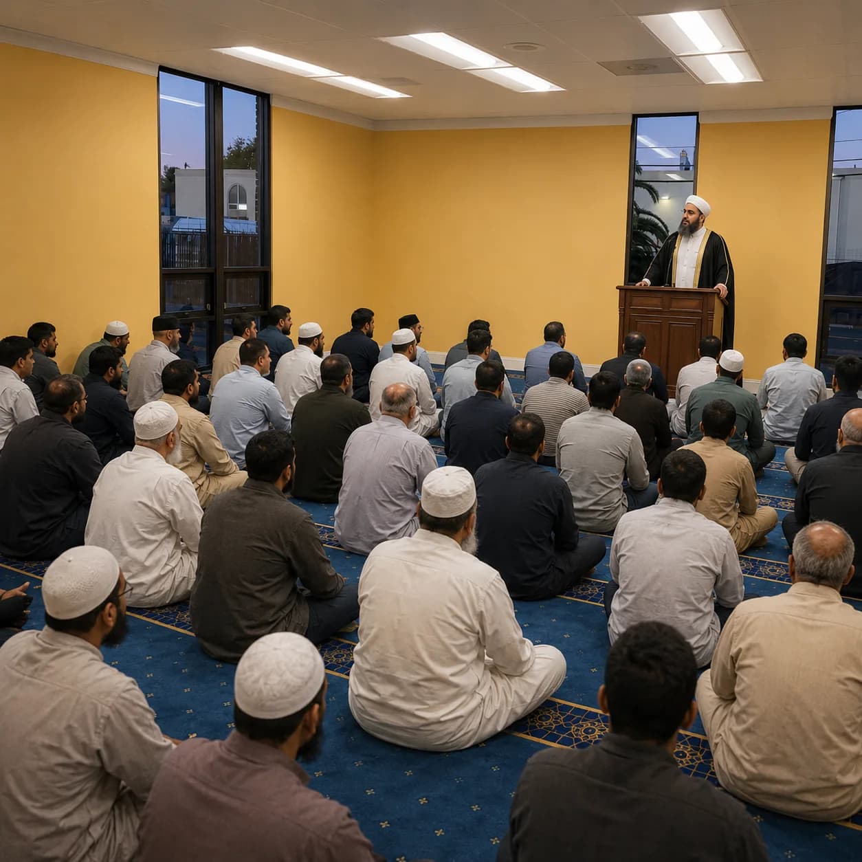 Worshippers seated in the prayer hall listening to the Friday khutbah