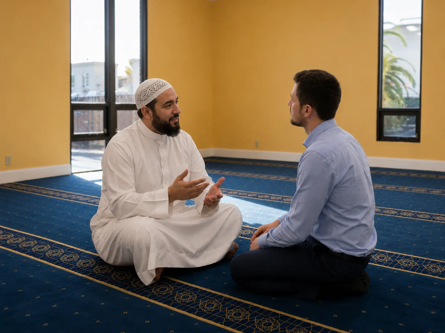 An imam sitting with a visitor in the prayer hall, talking together